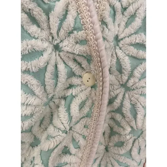 1980s chenille jacket aqua and white daisy m/l fuzzy boxy blanket 36 to bust 80s - Picture 2 of 10